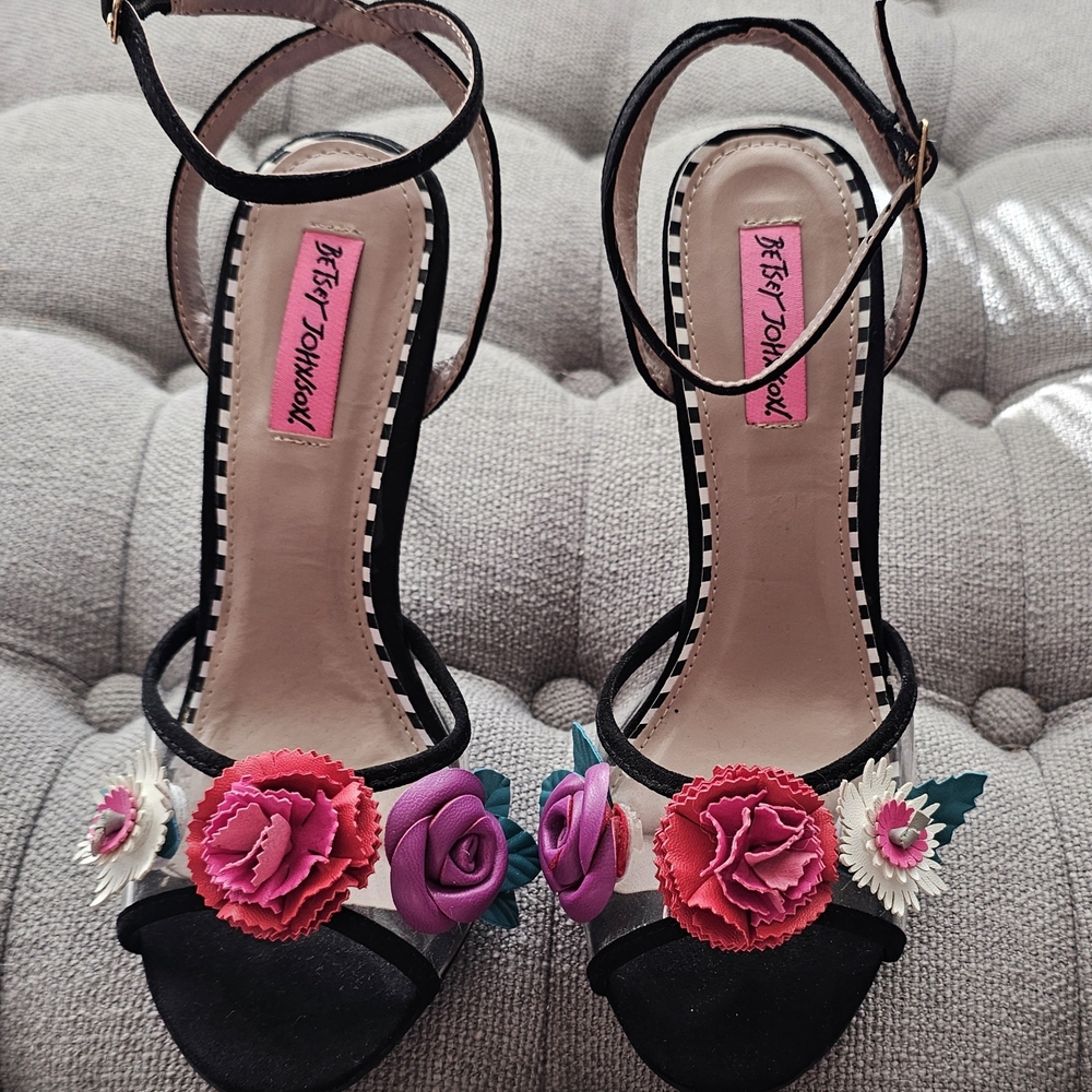 Betsey Johnson Black Heels with Pink and Purple Floral Accents